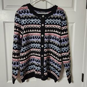 NWOT Chadwicks Women's Black, Blue and Dusty Rose, Fair Isle Patterned Cardigan